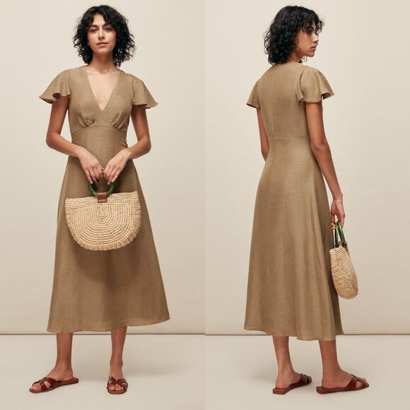 WHISTLES Frill Sleeve Midi Dress Womens Size 2 Linen Cotton Minimalist Olive - Picture 1 of 8
